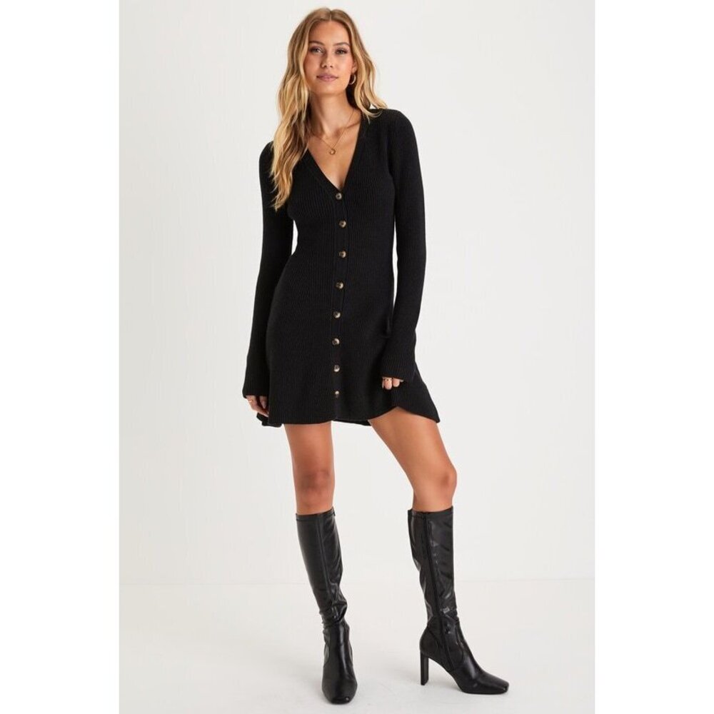 Lulus Adorably Flirty Black Button-front Sweater Mini Dress - Size L